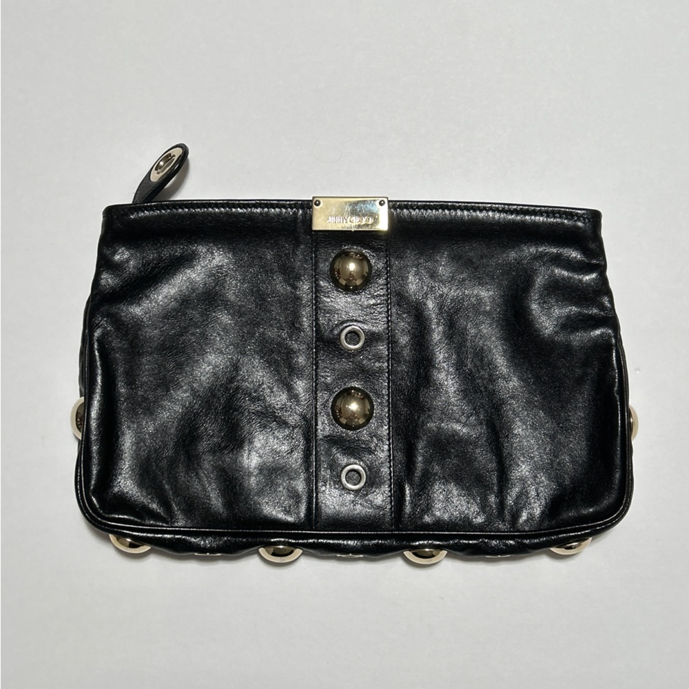 Jimmy Choo Clutch Bag Patent Leather Crinkled Zulu Grommet Embellished - Picture 2 of 16